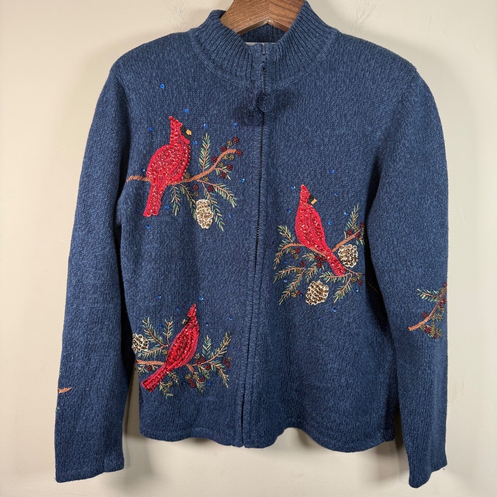 Heirloom Collectibles Embroidered Sequin Cardinal Full Zip Cardigan Sweater L - Picture 1 of 9